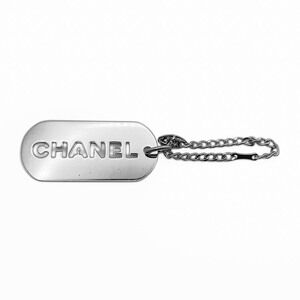 CHANEL Logo Cutout Bag Charm Dog Tag Keychain 04V Metal Silver Women's